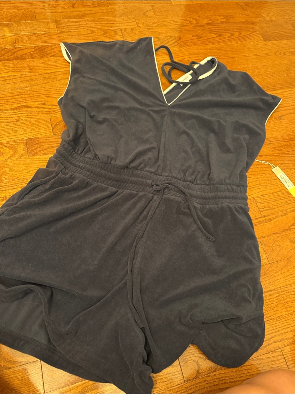 summersalt navy new Velour Sleeveless Romper with Cream Trim